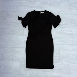 Calvin Klein Black Midi Dress Sheath Exposed Gold Zipper Ruffle Sleeves 8 LBD